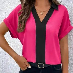 Color block Pink/Black short sleeve blouse- NEW